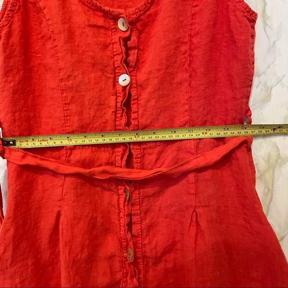 Lungo Larno 100% linen coral pink sundress button up pockets belt summer medium - Picture 6 of 11